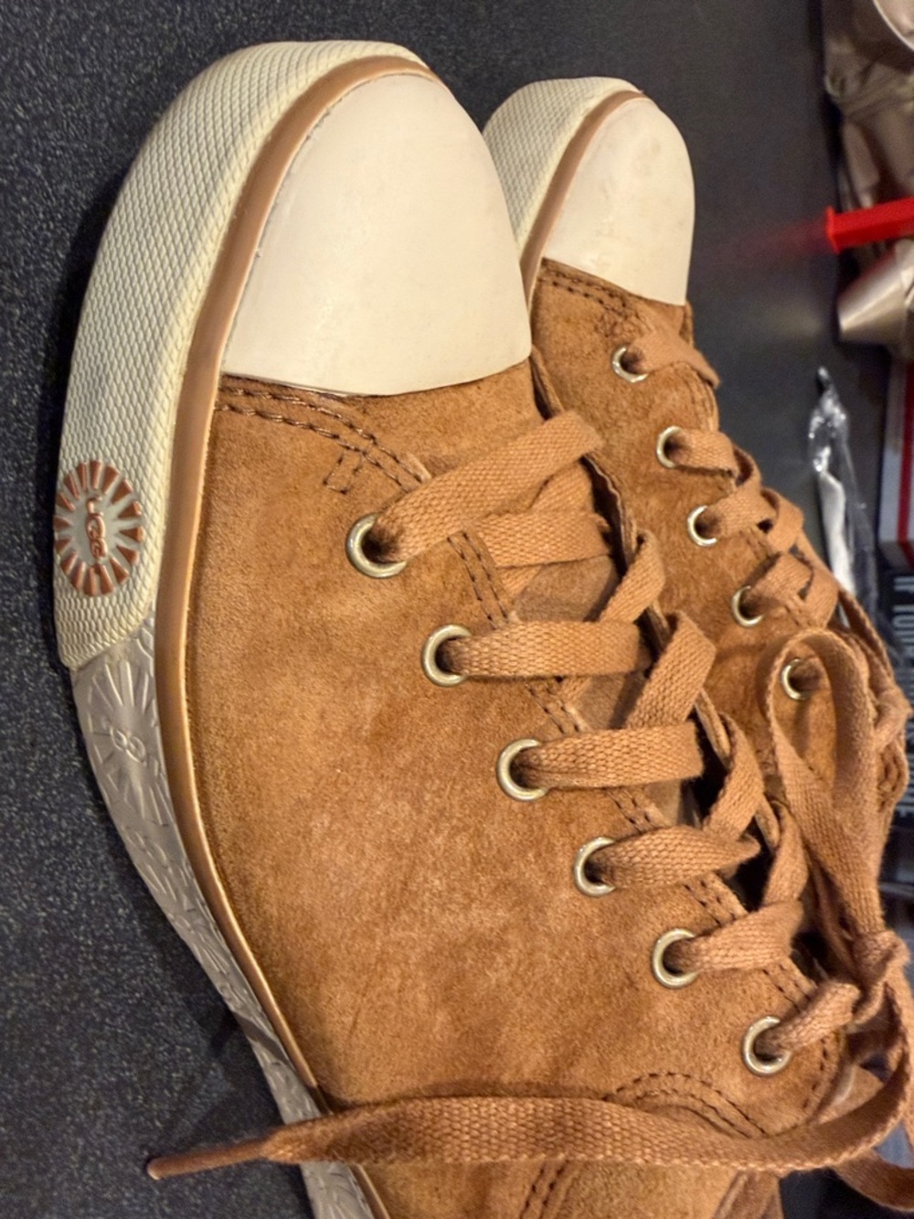 UGG Tan Suede Lace-Up Flats with Cream Toe Cap